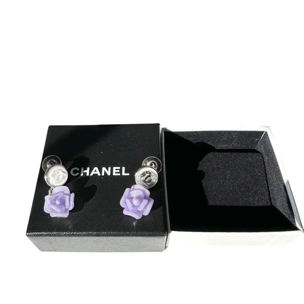 Chanel Purple Camellia Flower Silver Studded Earring Set with Box - Picture 11 of 15